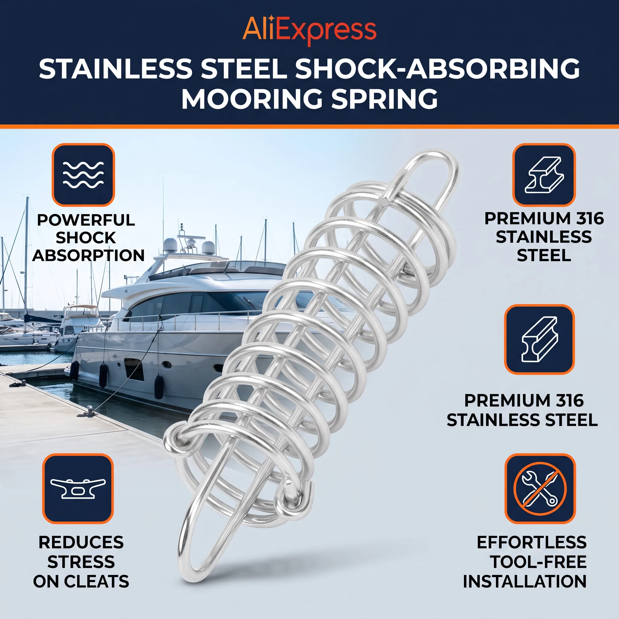 Marine Mooring Spring 5 X 270mm Boat Mooring Spring 316 Stainless Steel Shock Absorbing Dock Line Mooring Springs for Yachts