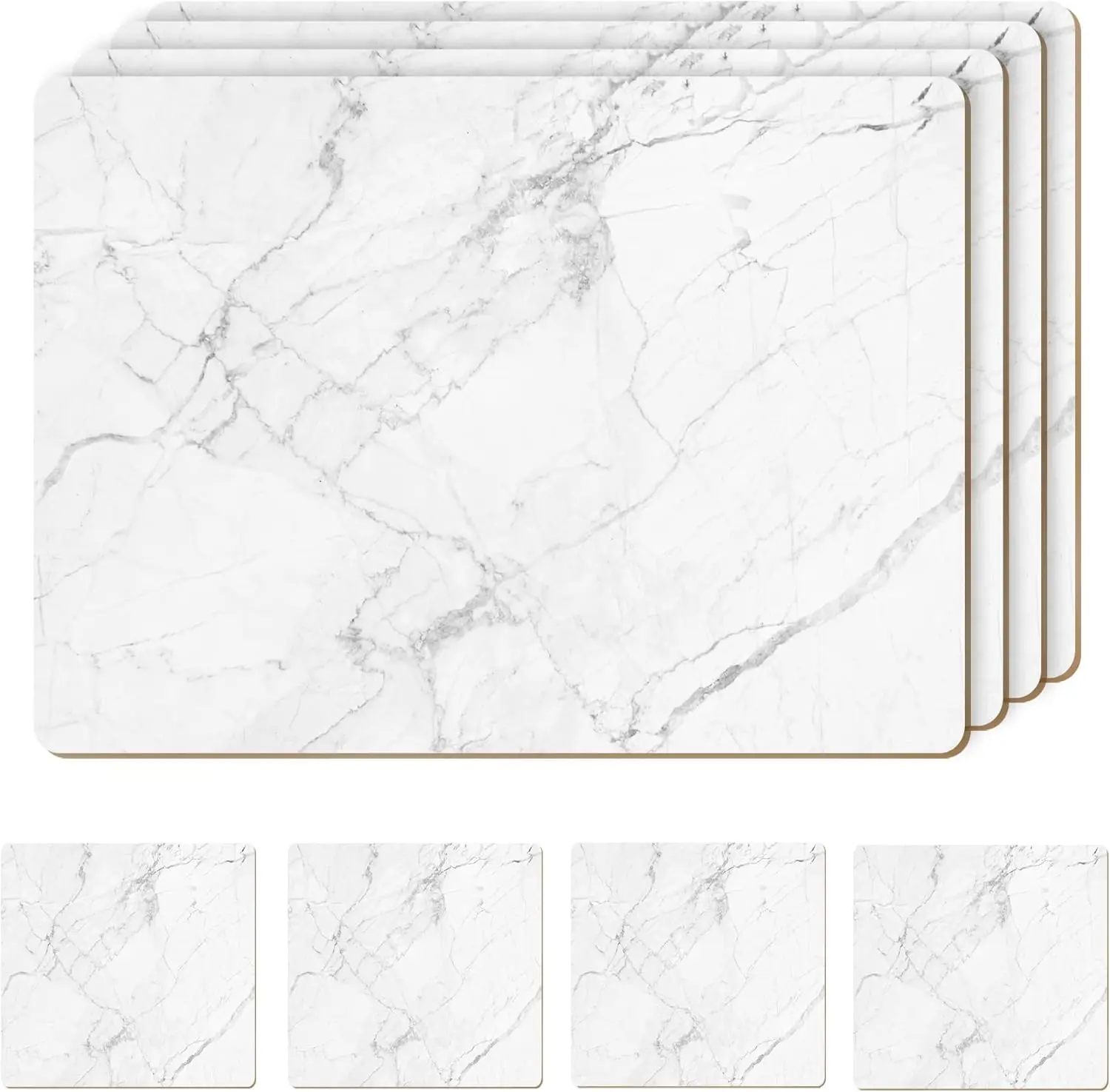 Set of 4 Heat Resistant Cork Placemats for Dining Table with Free Set of 4 Matching Drink Coasters Marble Design