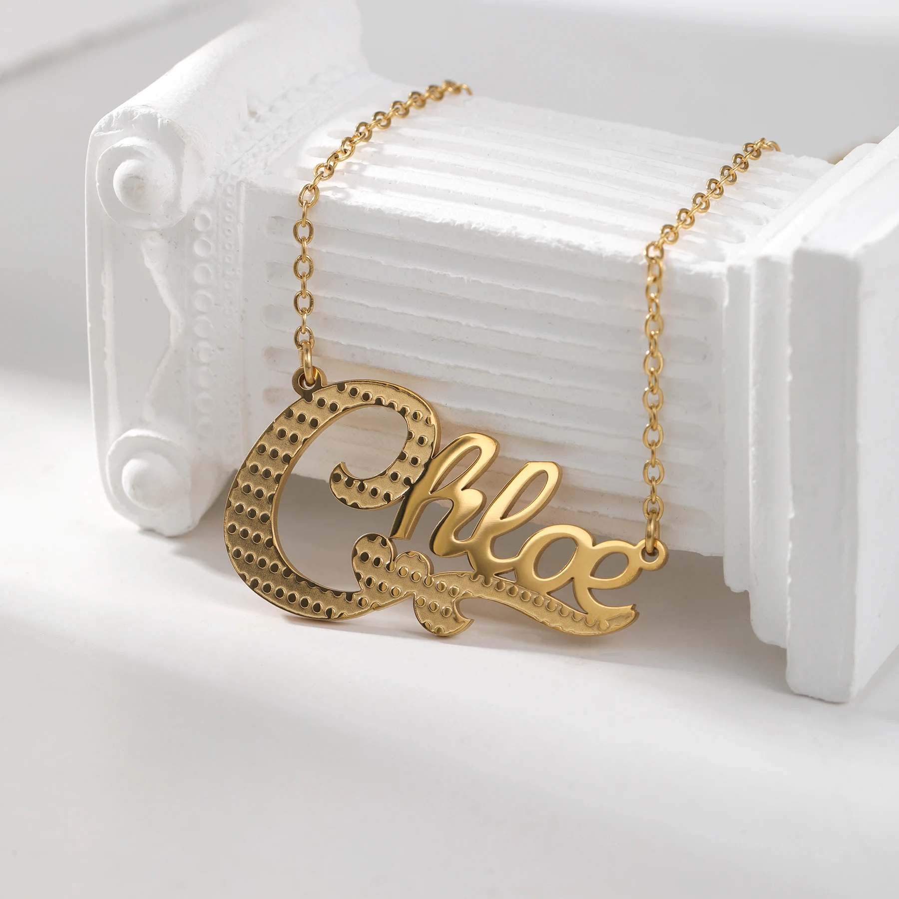 Personalized Name Necklace Minimalist Textured Design Custom Gold Tone Dot Pattern Stainless Steel Everyday Jewelry For Women