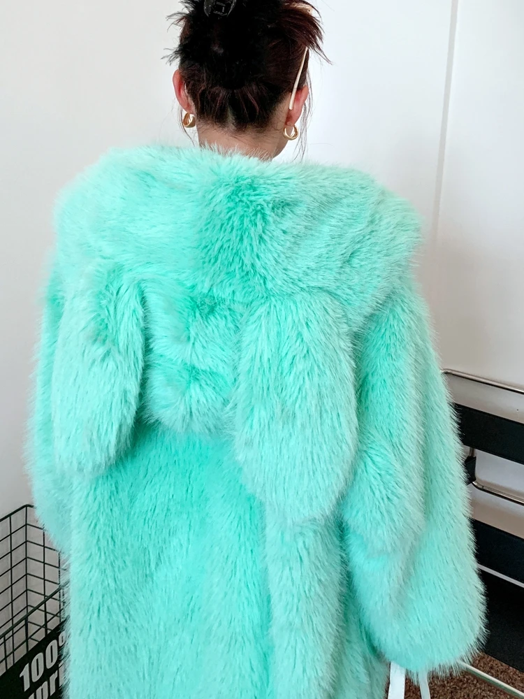 Female Mint Green Faux Fur Coat Long Loose Cute Bunny Ears Hooded Lady Shaggy Outerwear Women\'s Winter Coats Promotion