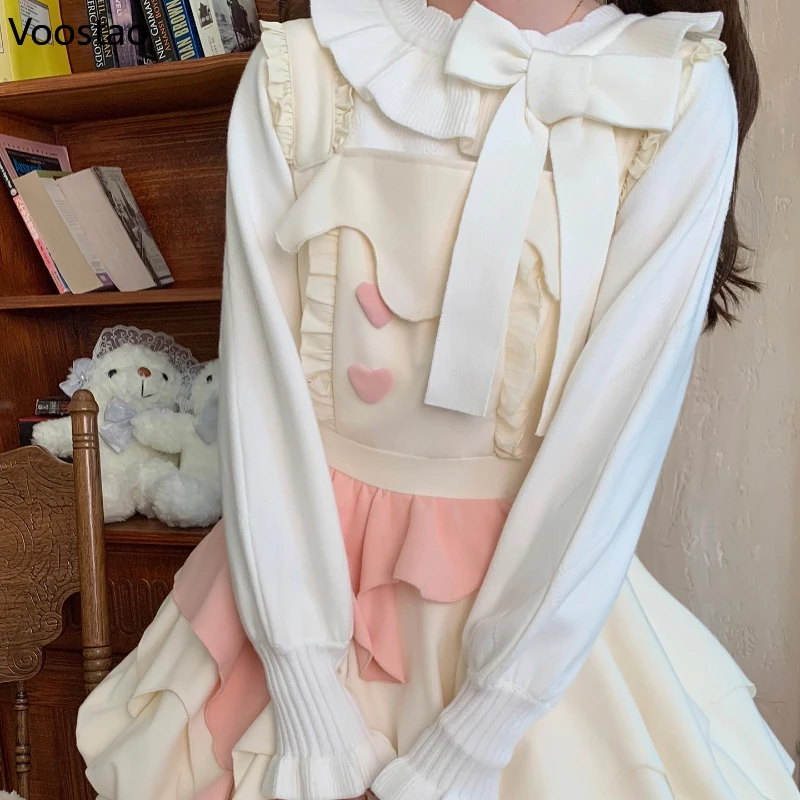 เสื้อไหมพรมสไตล์โลลิต้าหวานๆ แบบญี่ปุ่นสำหรับผู้หญิง แขนยาว แต่งระบายโบว์ คอโอ แขนยาว น่ารัก สไตล์ Y2k เสื้อถักสำหรับฤดูใบไม้ร่วงและฤดูหนาว