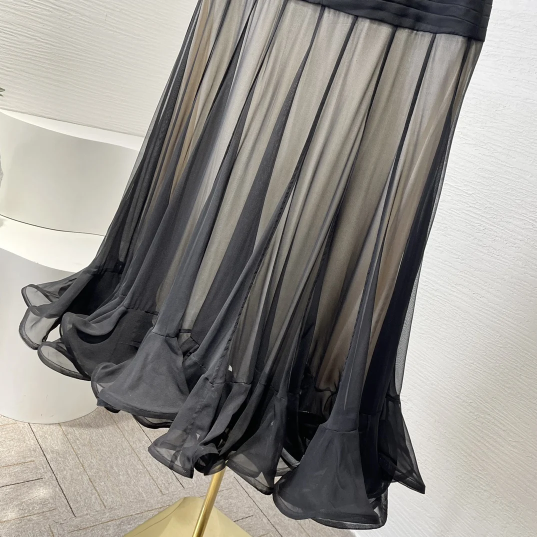 

Elegant Pure Silk Pleats Design New High Quality Black High Waist Ruched Cascading Skirt for Women