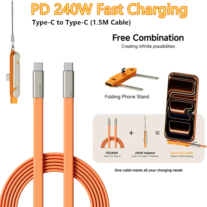 

240W Super Fast Charging 360° Rotating Concealed Detachable 2 in 1 Stand Charging Data Cable For iPhone 17 16 Samsung S26 Xiaomi
