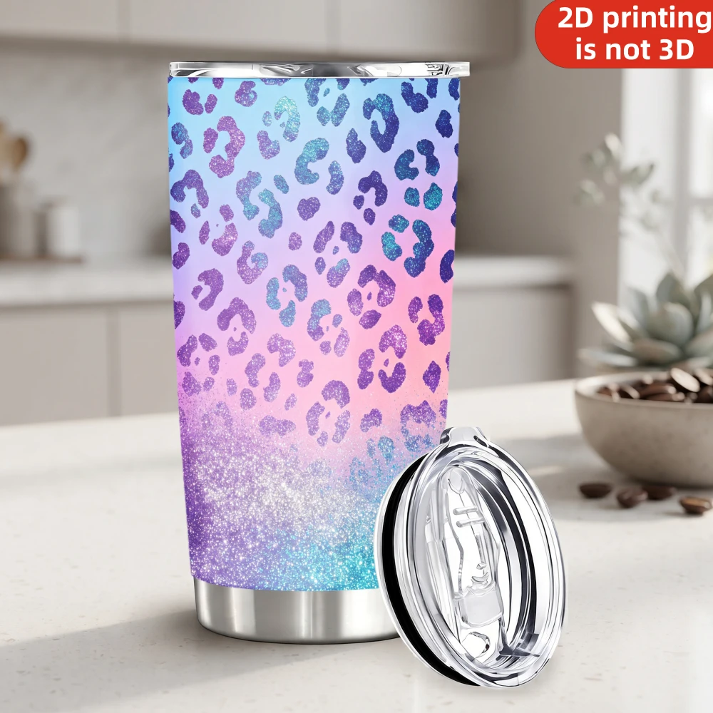 20oz Pastel Ombre Glitter Leopard Print Stainless Steel Tumbler with Lid and Straw, Blue Purple Pink Sparkle Cheetah Spots Vacuum Insulated Travel Coffee Mug Gifts