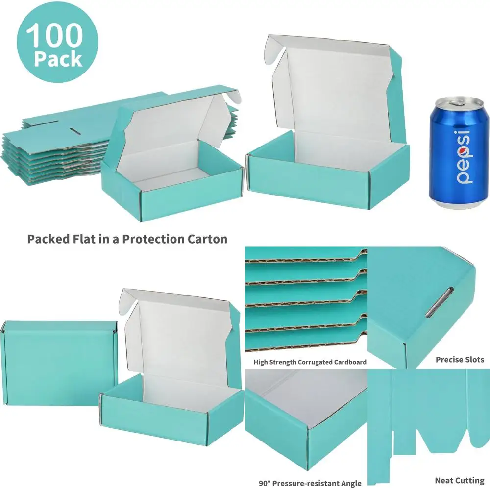 

100 штук картонных коробок для почтовых отправлений, 7x5x2 дюйма, телескопические, маленькие, из гофрированного картона, цвета бирюзовый.