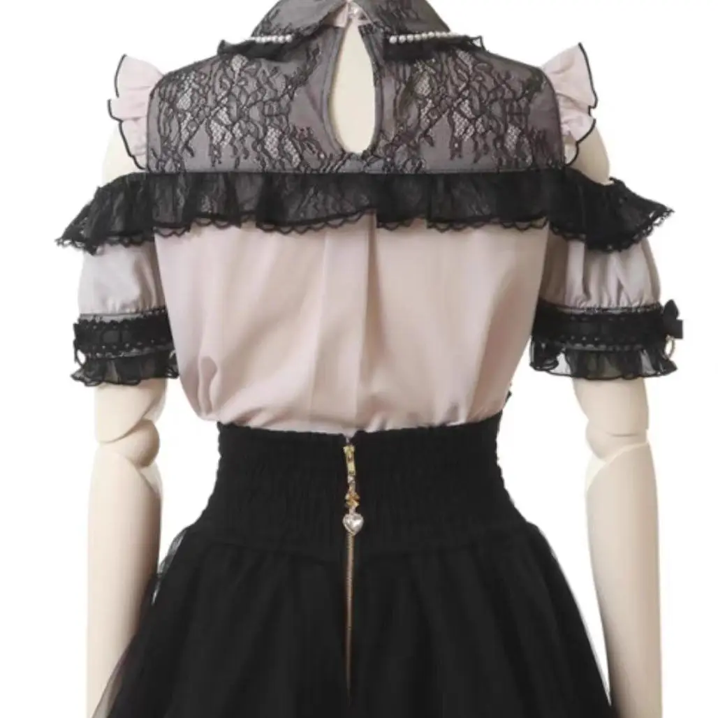 Japanese Sweet Lolita High Waist Ribbon Bow Skirt Lace Trim Heart Buckle Corset Mini Skirt Sweet Lolita Tulle Short Skirt Outfit