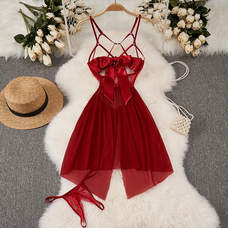 Lieve Sexy Kanten Patchwork Band Jurk Strik Holle Rugloze Mouwloze Nachtjapon Vrouwen Nachthemd Pyjama Hete Slanke Geplooide Jurk