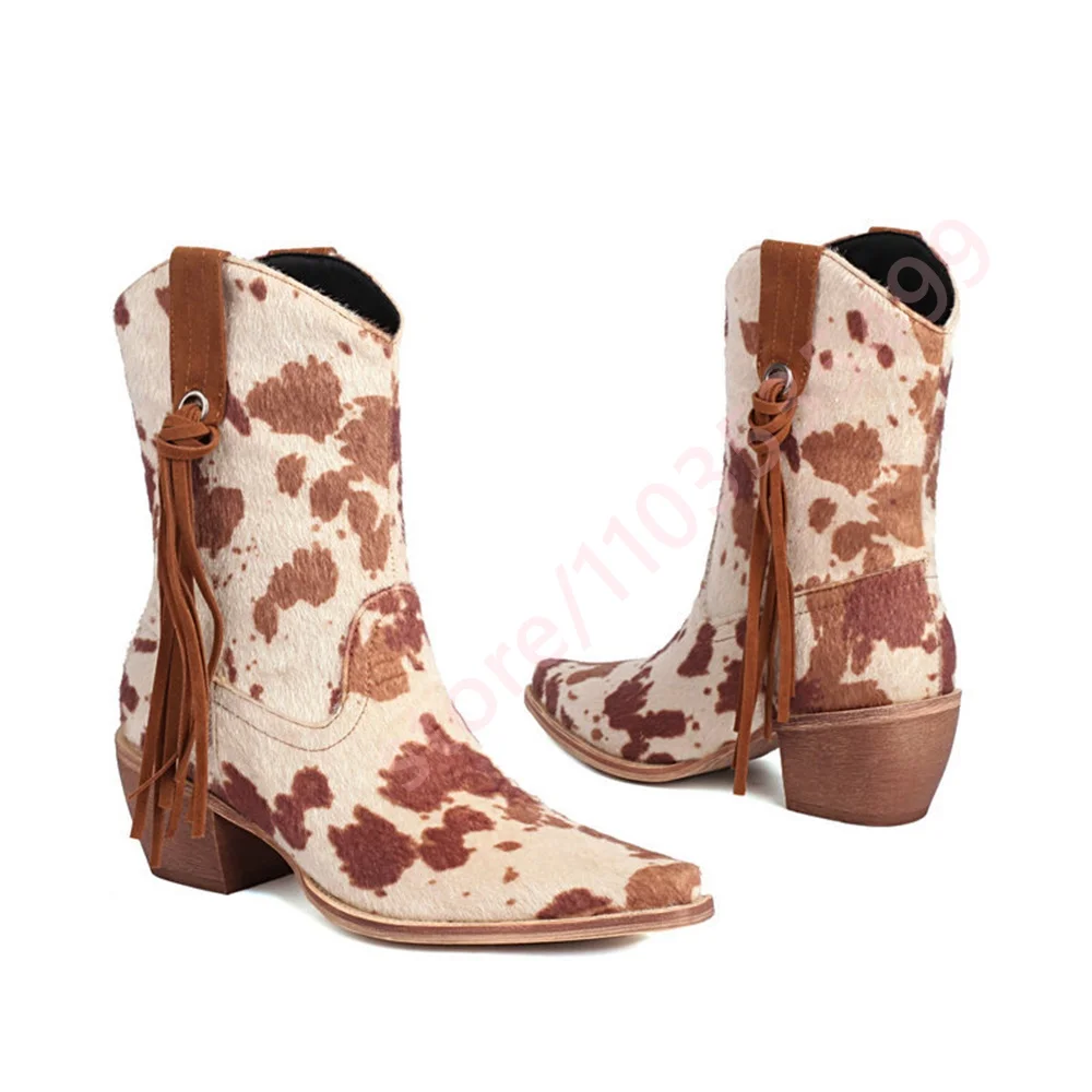 2025 خريف جديد البقرة طباعة شرابة أحذية رعاة البقر الغربية وأشار صندل بكعب مكتنز ليوبارد طباعة التمهيد موضة المرأة أحذية كاجوال للحفلات #4