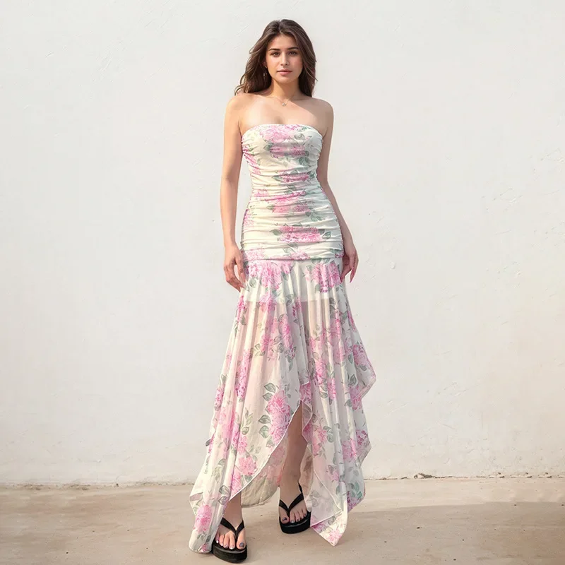 

Lunaria Flower Print Dress Women Ruched Applique Sleeveless Backless Ruffles Patchwork Sweet Girl Street Elegant Long Bodycon