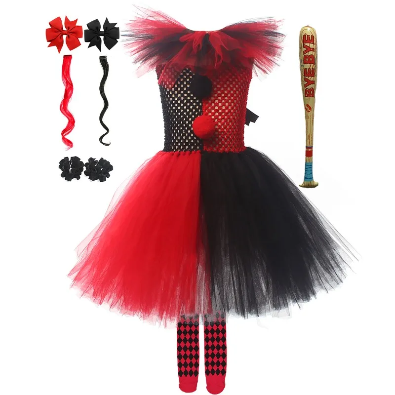 Little Girls Clown Themed Party Dress, Color Block Mesh Tutu Skirt for Circus, Halloween Carnival Stage Performance Clothing