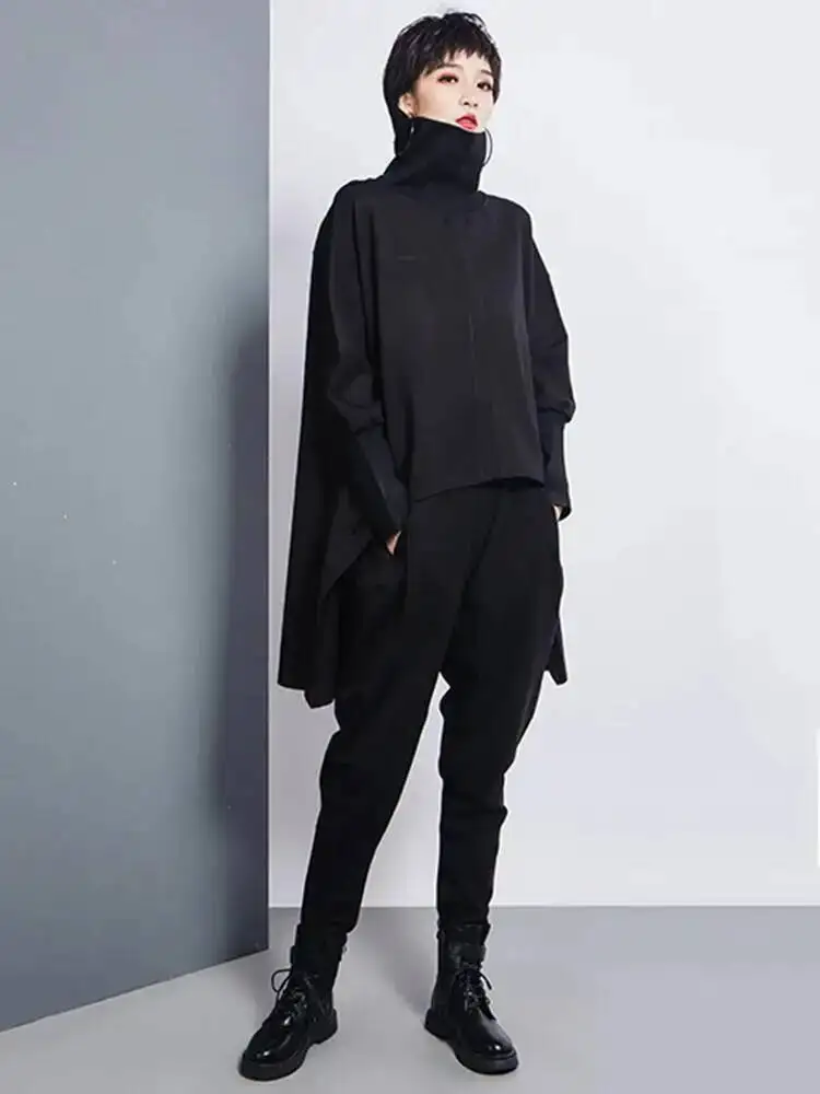 Black Back Women Long Irregular Big Size Long T-shirt New Turtleneck Long Sleeve Fashion  Spring Autumn 2026 BJG3