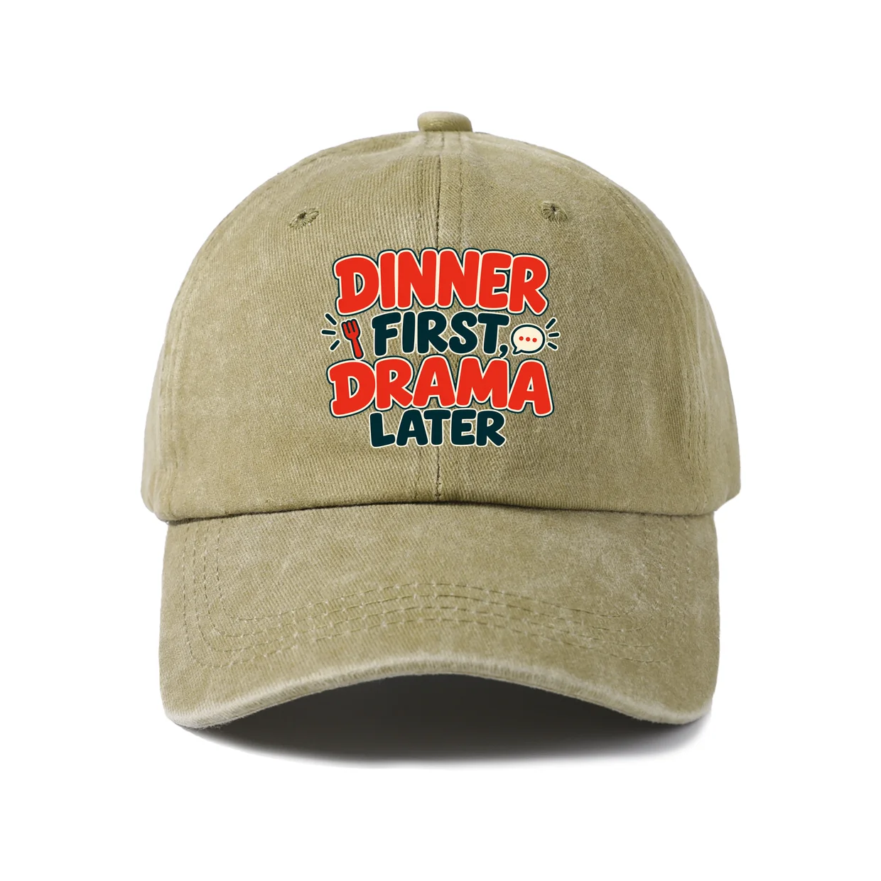 Dinner First Drama Later Graphic Vintage Washed Baseball Cap, Adjustable Unisex Dad Hat, Casual Gift