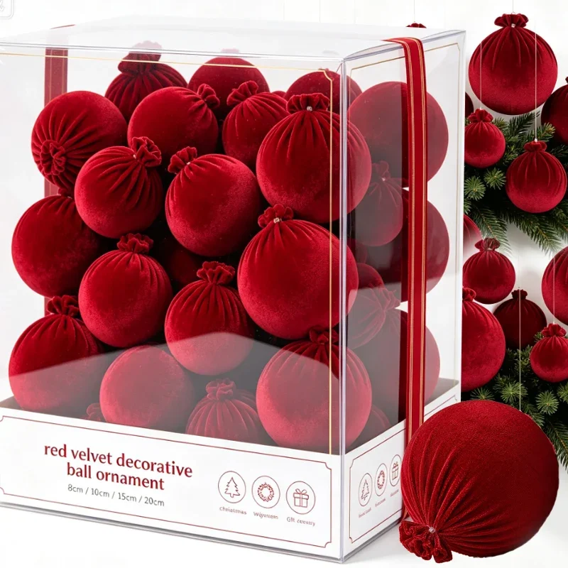 8/10/15/20cm Red Velvet Foam Chirstmas Balls Set Round Hanging Xmas Ball for Christmas Tree Hanging Pendants Home Decor New Year