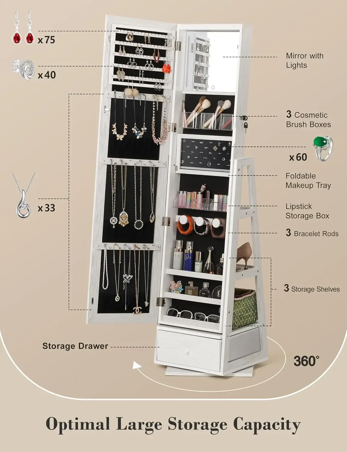 360 °   Gabinete de joyería giratorio con luces, espejo de tocador con pantalla, organizador de gabinete de joyería de pie, estante de maquillaje plegable, blanco