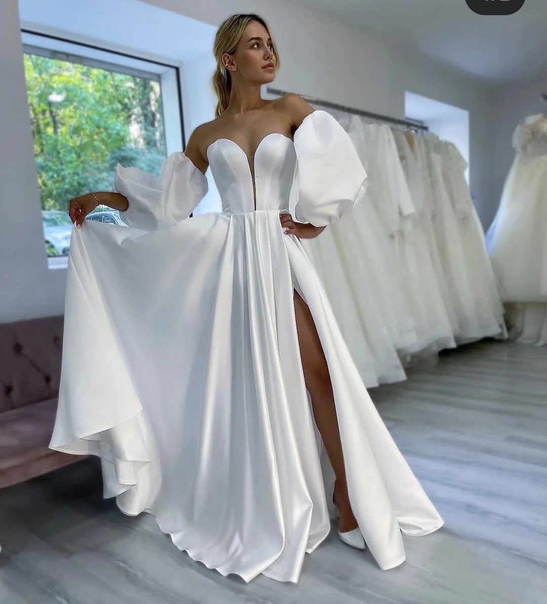 

Elegant Vestidos de Novia A-line Wedding Dress Puff Sleeve Side Slit Soft Satin Floor Length Customize To Measures Bridal GOWNS