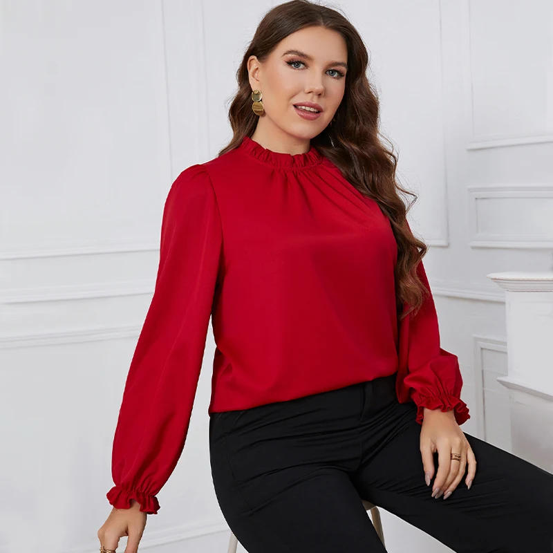 Della Mel Plus Size Women Clothing Solid Blouses Tops Spring Autumn Long Sleeve Casual Elegant Office Ladies Big Size Blouse