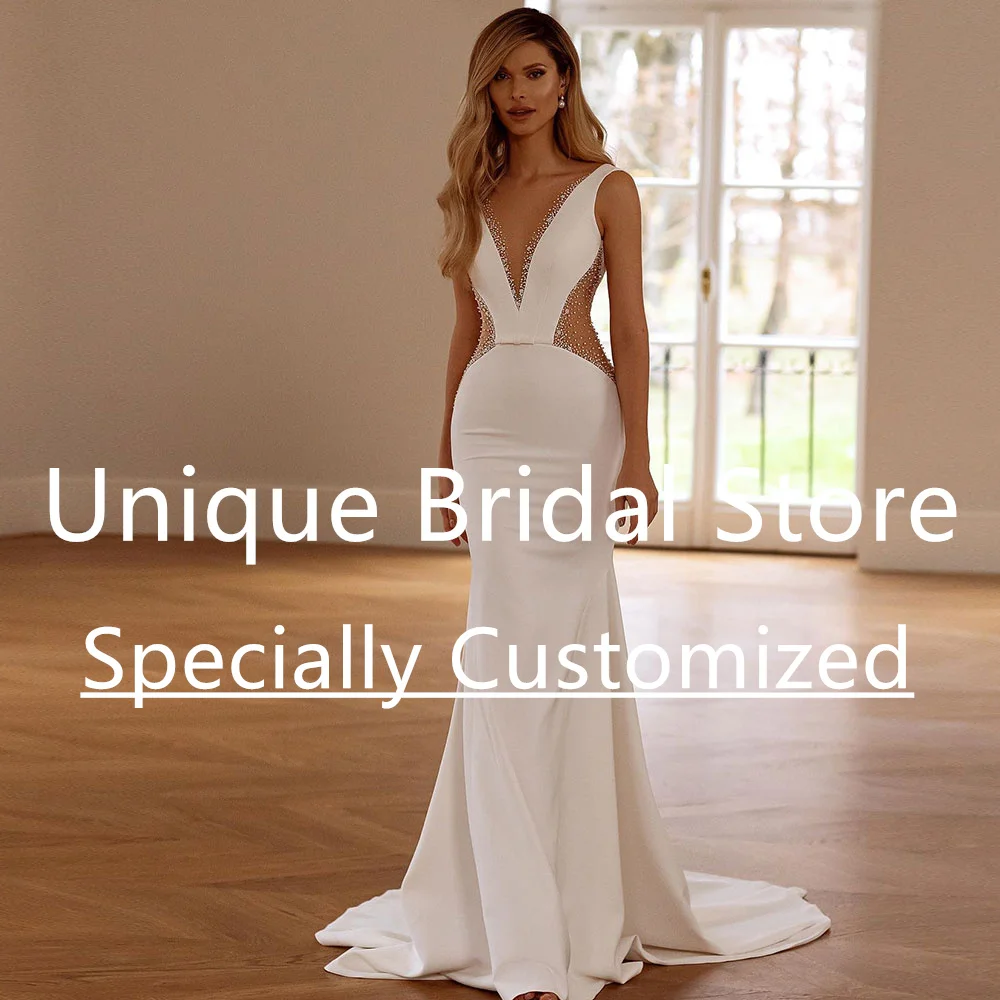 Mermaid Wedding Dress V-Neck Jersey With Beading Draped Elegant Backless Flower Court Train Vestidos De Novia Corte Sirena 2023