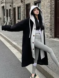 Hooded Long Parkas Women Winter Patchwork Design Chic Retro Outwear BF Streetwear Warm Leisure Harajuku Y2k Student Wide-waisted