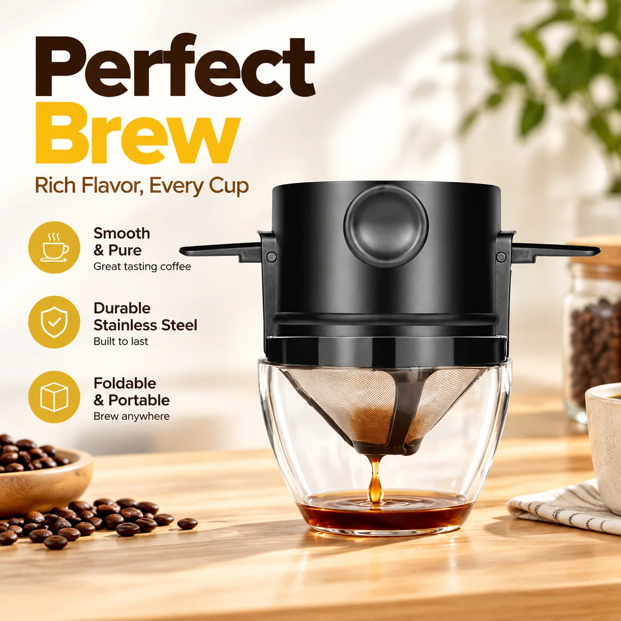 Foldable 304 Stainless Steel Coffee Filter Cup with Ear Hook and Transparent Acrylic Holder Drip Brewing 12cm×7.5cm