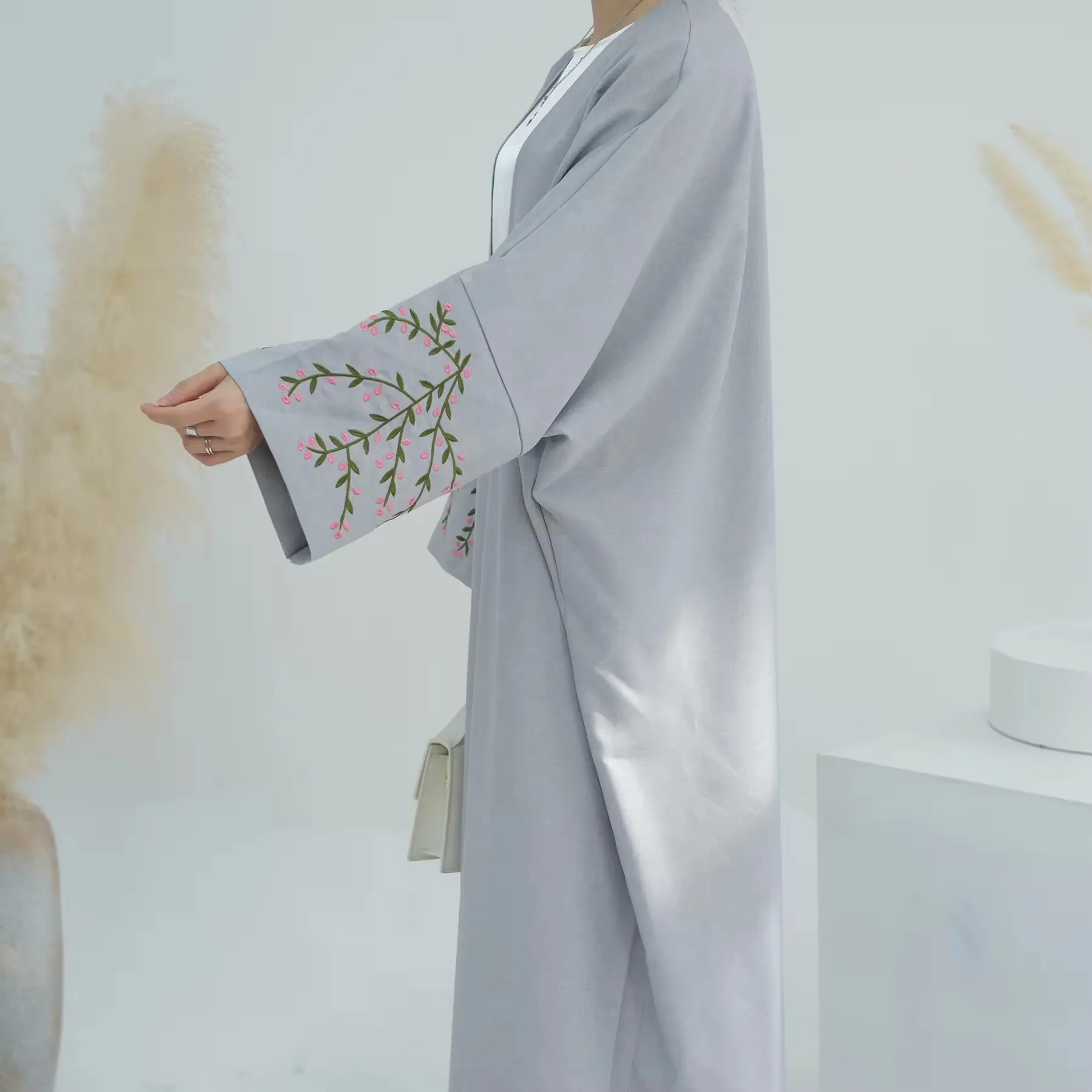 2024 Eid Ramadan Bloemen Borduurwerk Abaya Bescheiden Kleding Dubai Abaya Kalkoen Linnen Kimono Islamic Kleding