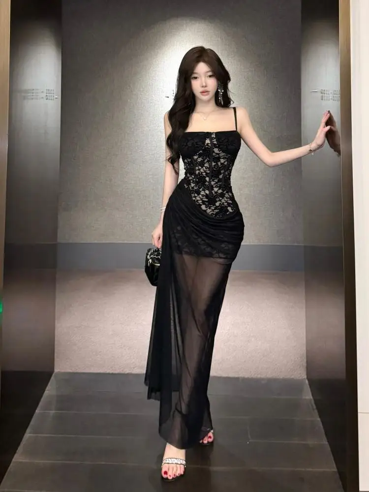 

Summer Black Patchwork Lace Elegant Sexy Evening Party Long Dress Women Vintage Red Sleeveless Backless Slim Slip Dress 2025 New
