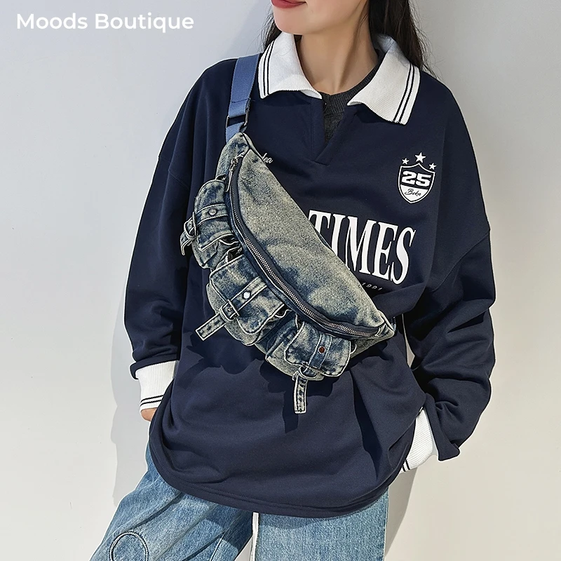 

Distressed Denim Fabric Chest Bags For Women Retro Tactical Multi-pocket Funny Pack Large Capacity Shoulder Crossbody Bag Unisex