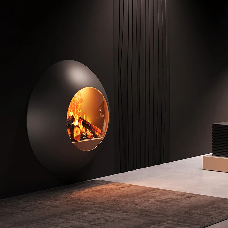 High-end exclusive round fireplace real fire fireplace firewood heating indoor black round villa art
