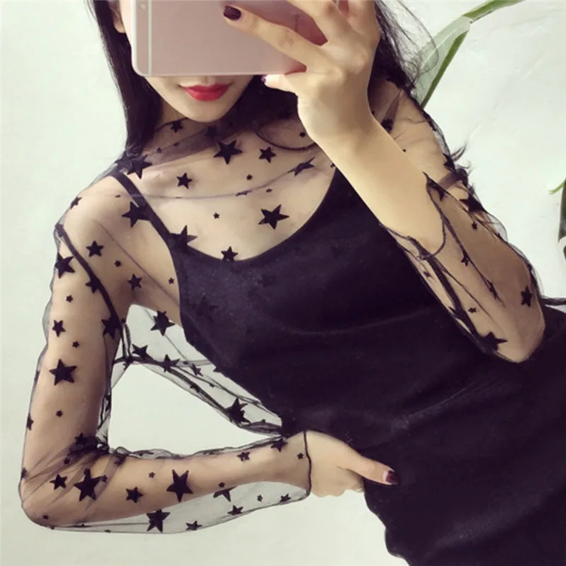 Women\'s Sexy Mesh Sheer Lace T-Shirts Perspective Long Sleeve Stand Collar Mesh Tops Striped Polka Dot Stars Party Tee Shirts