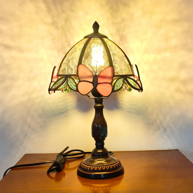 French Retro Style Table Lamp LED Butterfly Decoration Glass Lampshade Living Room Bar Bedroom Dining Hall Restaurant Desk Light