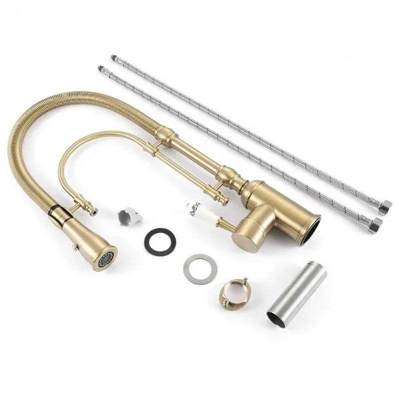 Brushed Gold Pull out Kitchen Faucet 360 Swiveling Tap Brass Sink Mixer Hot And Cold Water Vanity Water Tap