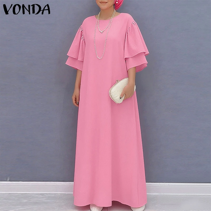 

Elegant VONDA Women Summer Dress Half Sleeve Plus Size Dresses Ruffle Sleeve OL Work Party Vestidos Long Maxi Dress Streetwear