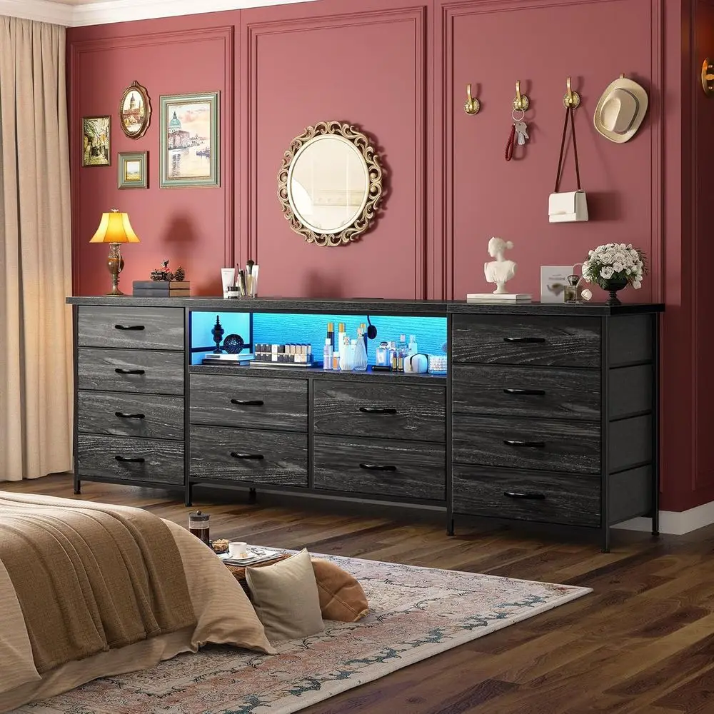 

63 Wide Bedroom Dresser with 12 Fabric Drawers, LED TV Stand with Power Outlets, 65-70 Inch TV, Sturdy Entertainment Center with