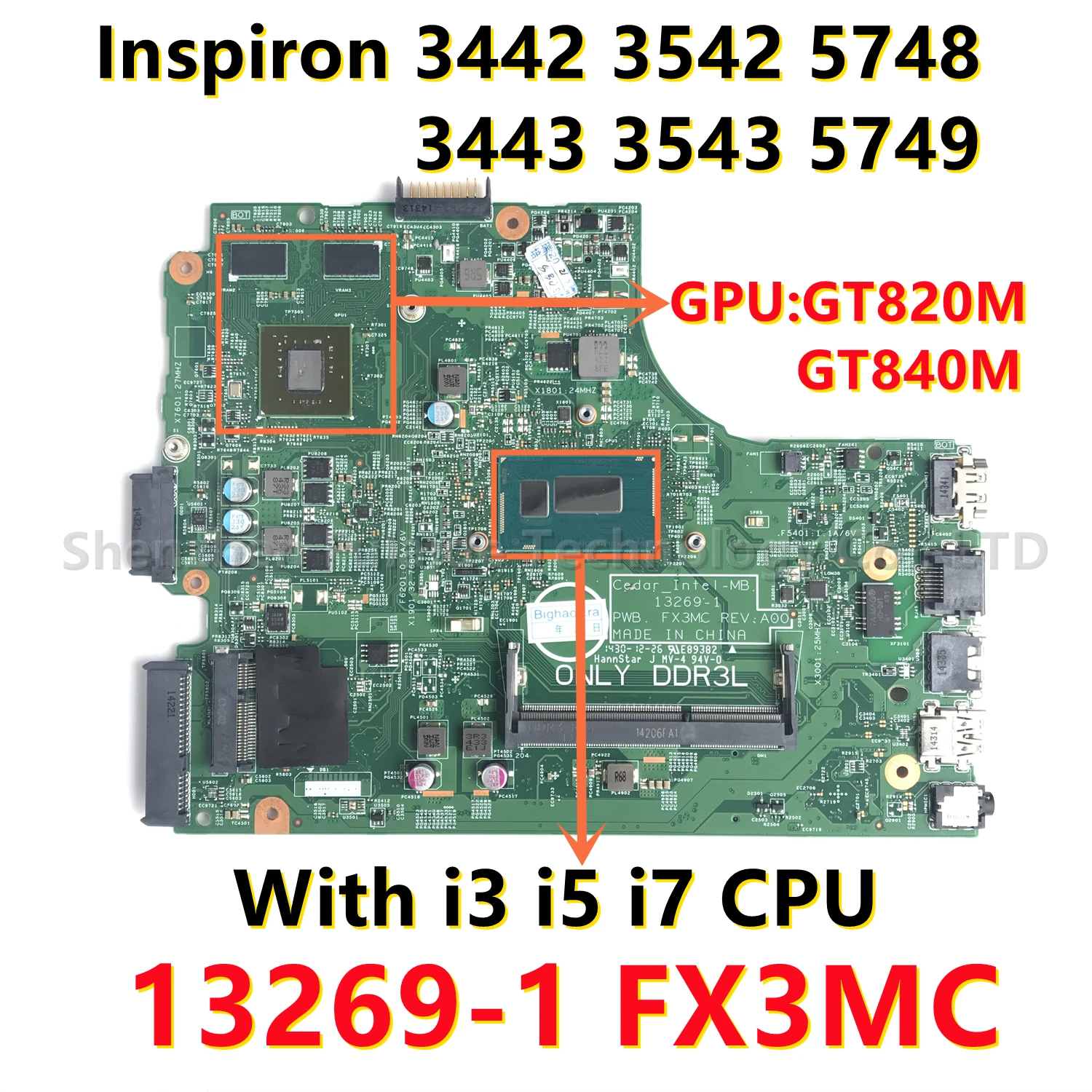 

13269-1 FX3MC Keyboar For dell Inspiron 3442 3542 3443 3543 5748 5749 Laptop Motherboard Celeron CPU I3 I5 I7 GT840M GT820M GPU