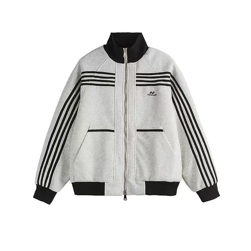 Streetwear Zip Jacket Women Striped Stand Collar Sweatshirts Men Vintage Zip Up Cardigans Fashion Women Y2k Clothes