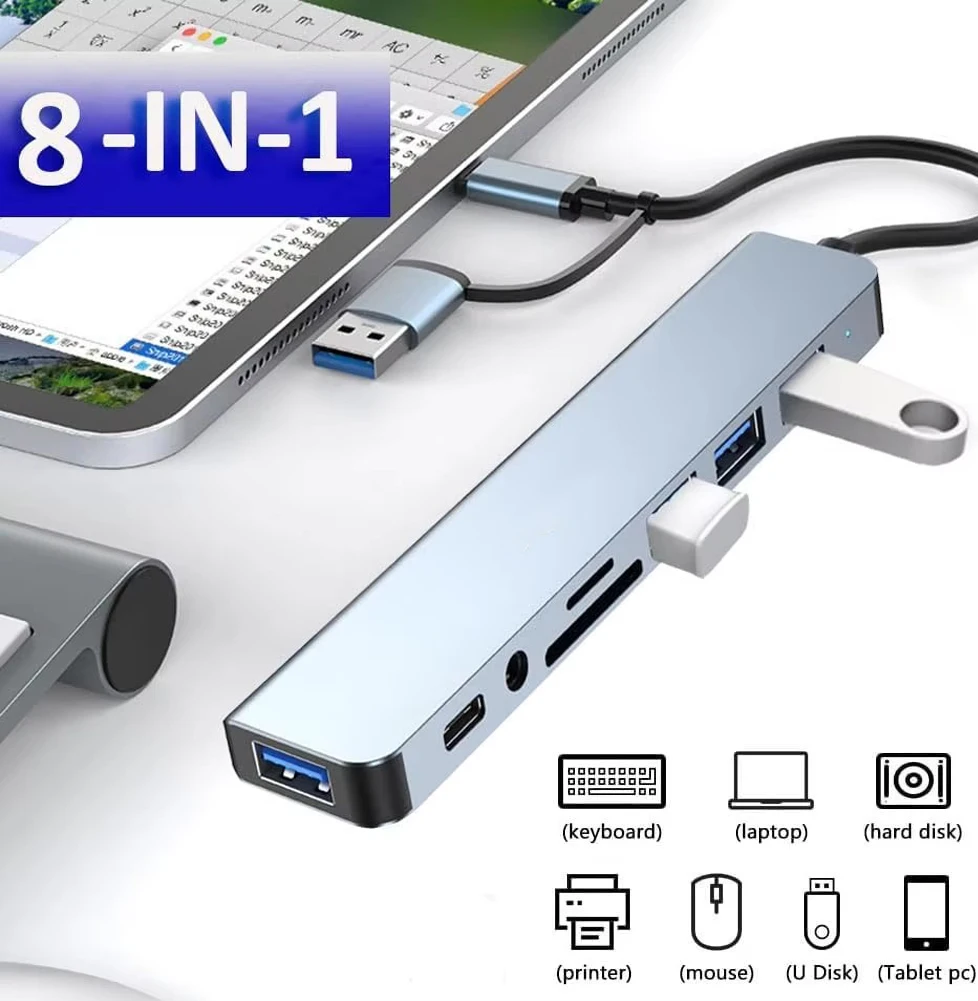 8 In 1 USB 3.0 HUB Type C USB-A Hub Splitter 8 Port USB 3.0 With USB-C High Speed Data Transfer For PC Laptop Macbook Accessorie