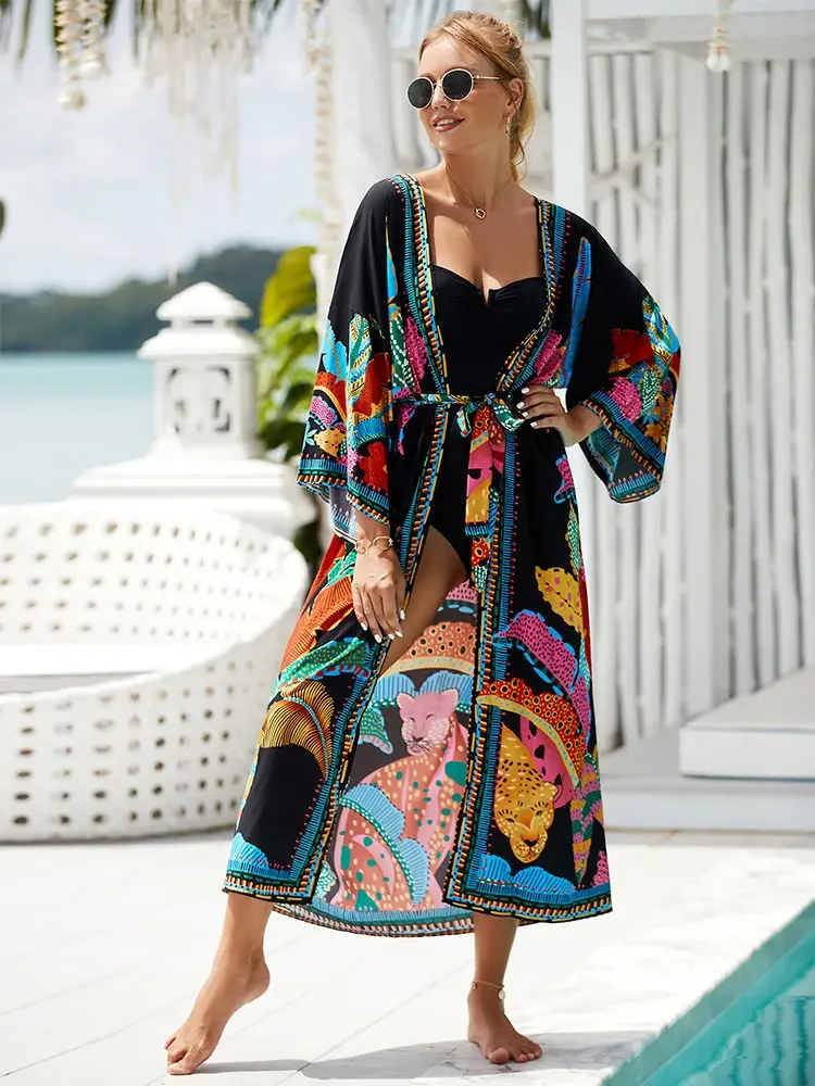 Printed Long Kimono Dresses Plus Size Batwing Sleeve Dress Summer 2024 Women Loose Beach Wear Midi Dress Sarong Q1512