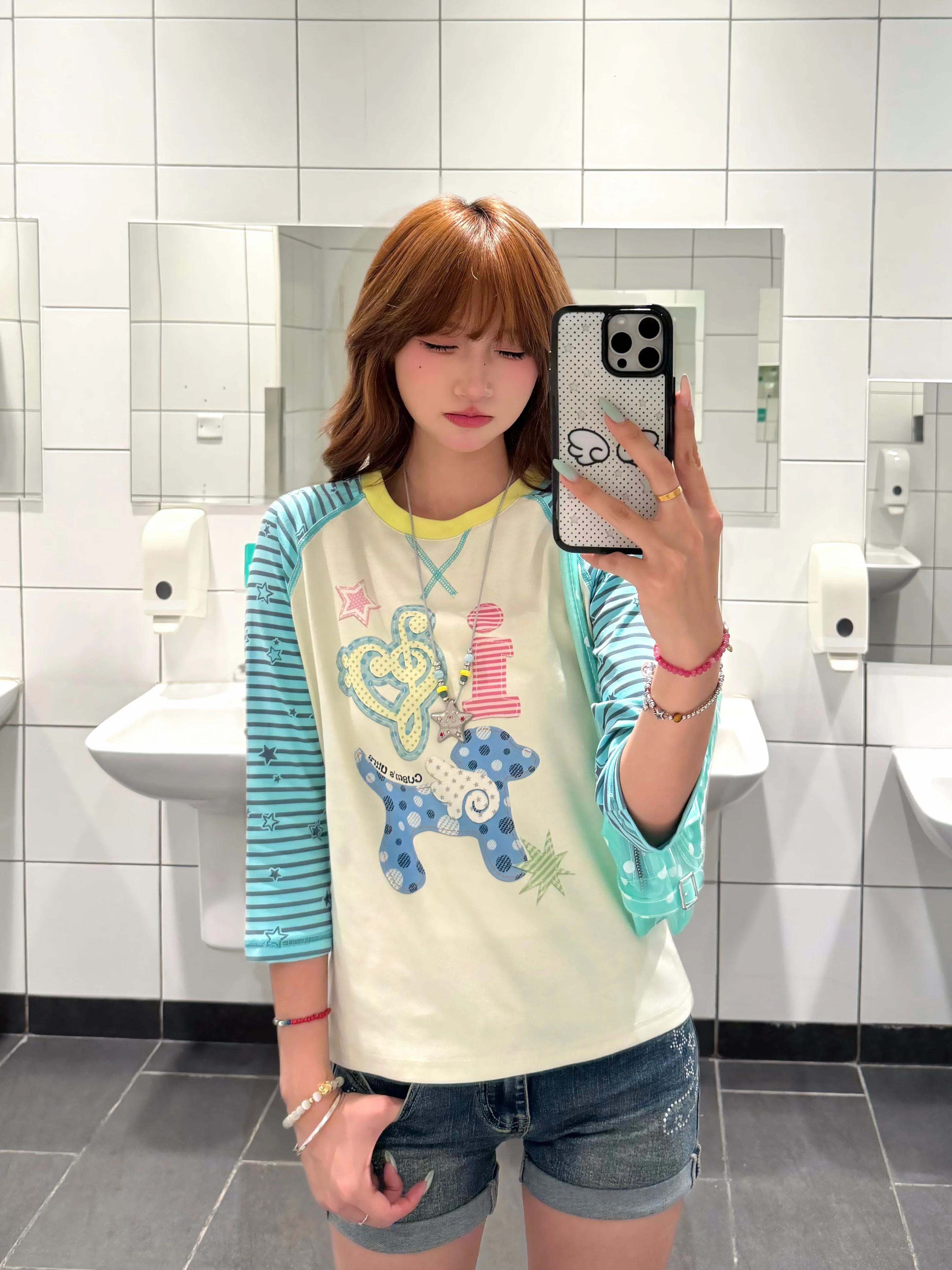 BeOurRule Retro Dopaamine Star Color Block Striped Half Sleeve T-Shirt Women Slim Fit Shoulder Insert Top Casual Cotton Polye...