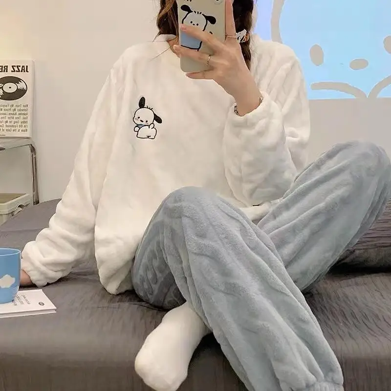 

Hot Sanrio Pochacco Soft and Comfort Coral Velvet Nightwear 2025 Women Winter Round Neck Thickened Warm Plush Home Clothingset