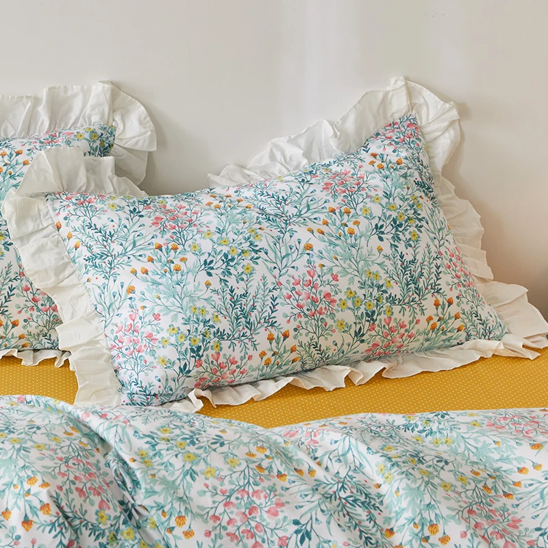 Hand-painted Style Pillowcase with Small and Fresh Ruffle Edge Pure Cotton Pillowcase Single Person Lace Style Pillowcase