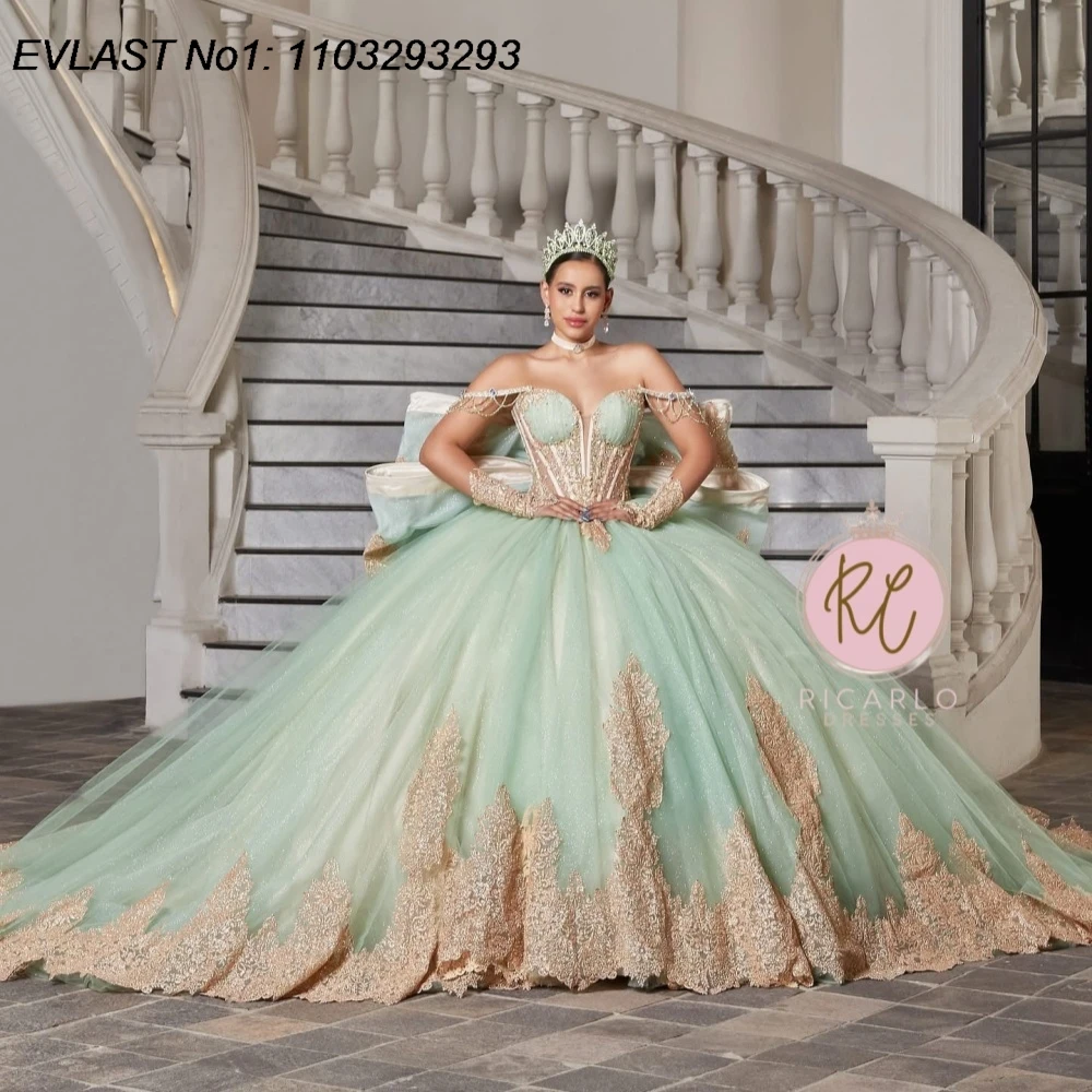 

EVLAST Customized Glitter Mint Ball Gown Quinceanera Dress Gold Lace Applique Beading Bow Sweet 16 Vestidos De 15 Anos E1Q897