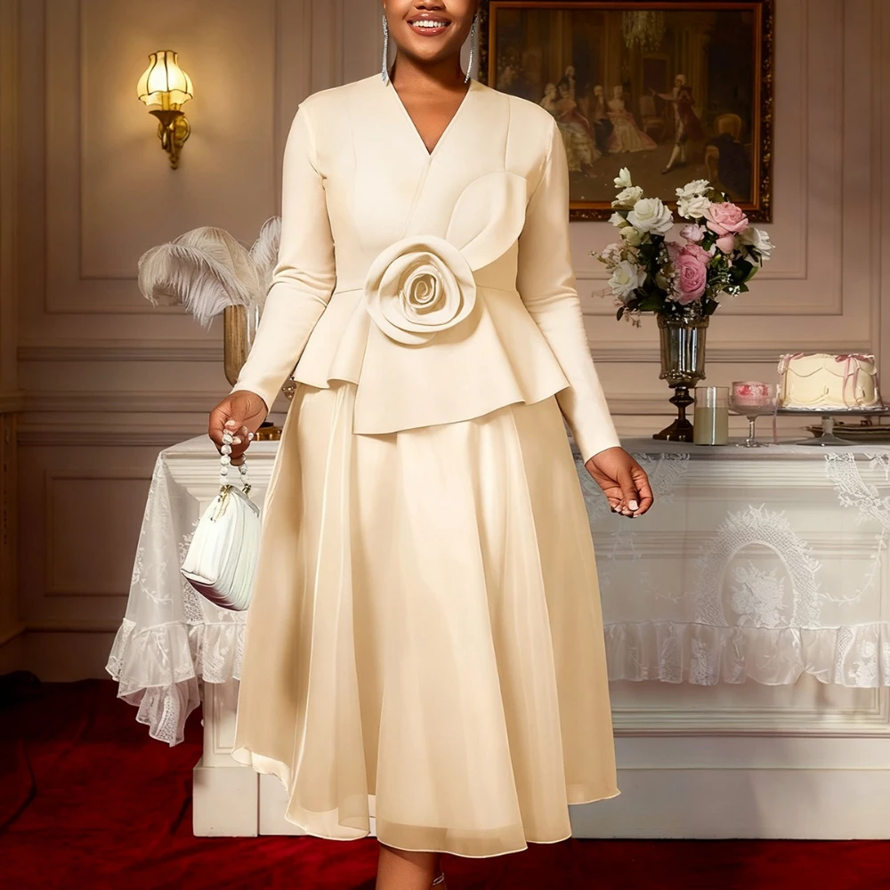 Elegant Women A Line Dress V Neck Long Sleeve 3D Flower Peplum Patchwork Mesh Wedding Guest Church Party Outfit Autumn New