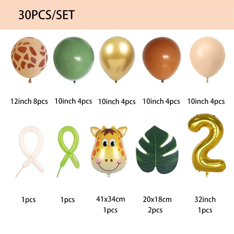 30pcs Girraffe Number Balloons Set Jungle Safari Animal Balloon Kit Kids 1 2 3 Year Birthday Party Decor Avocado Green Balloon