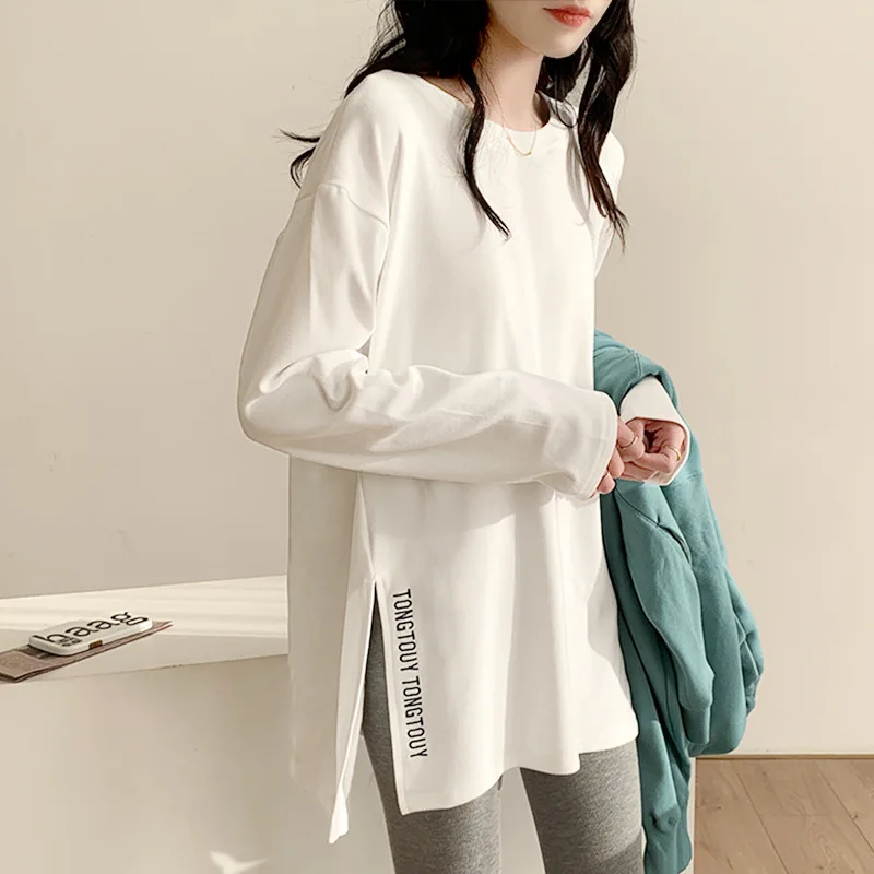 T-shirt Women spring/summer Cotton Render Unlined Split Long Sleeve Loose Fashionable women's Tshirts Dropshipping CPMY5273