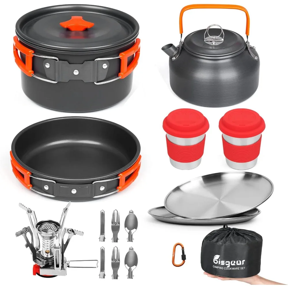 

Bisgear Camping Cookware Kettle Backpacking Stove Mess Kit, Camping Pots and Pans Set with Cups Plates Utensils