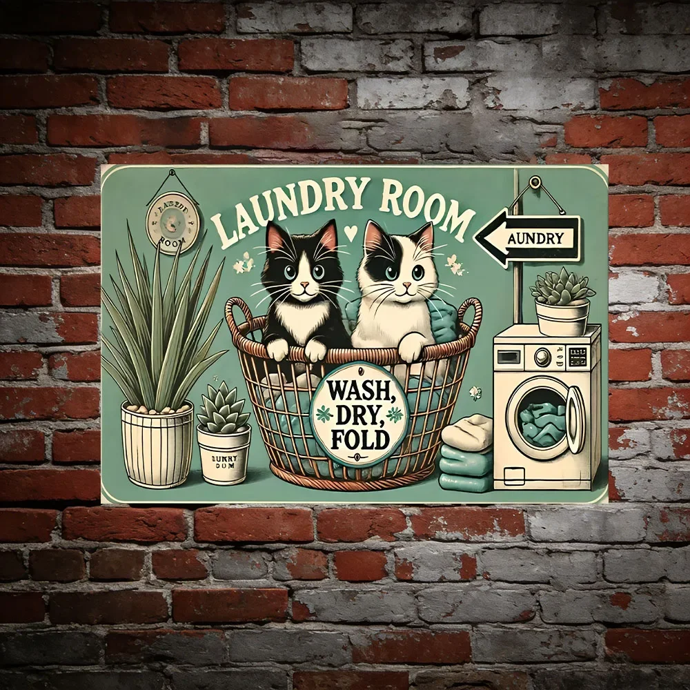 Vintage Laundry Room Metal Sign | Playful Cat & Washing Machine Wall Art for Man Cave Garage Bar Home