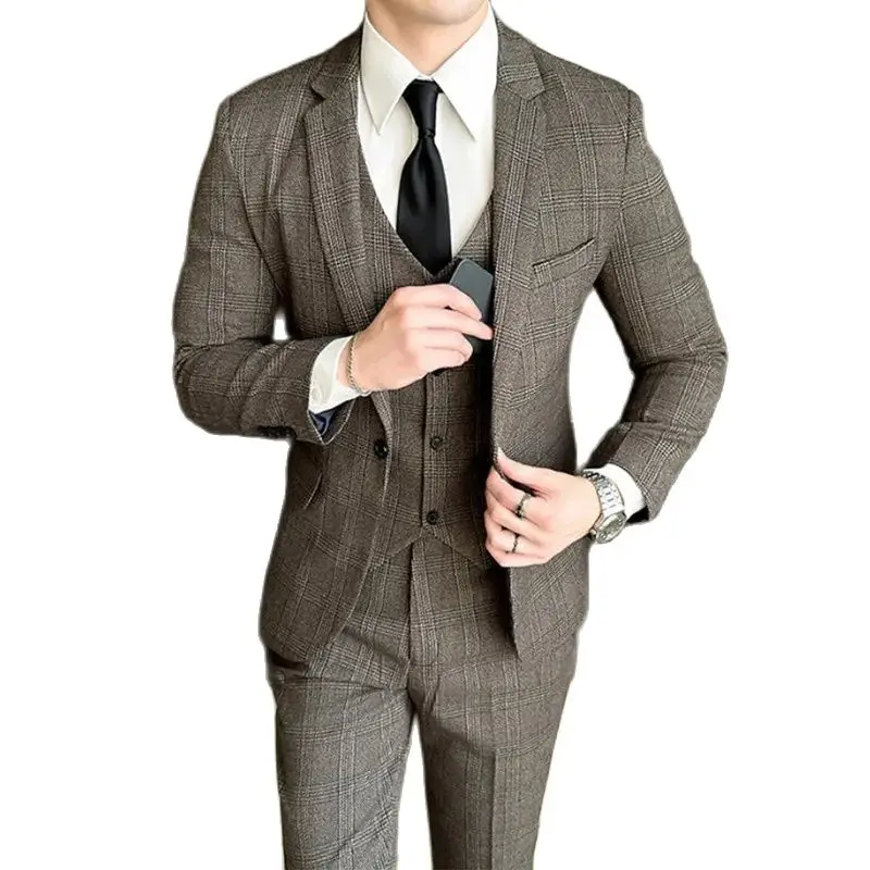 The main fashion new slim-fit plaid suit + waistcoat + dress pants handsome business casual wedding three-piece men\'s clothing