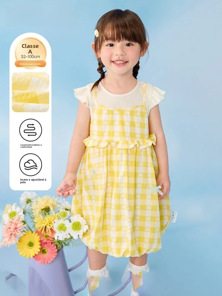 barbarbara-girls'-summer-dress-yellow-puff-sleeve-dress-casual-cotton-blend-fabric-princess-skirt-soft-breathable-mid-length
