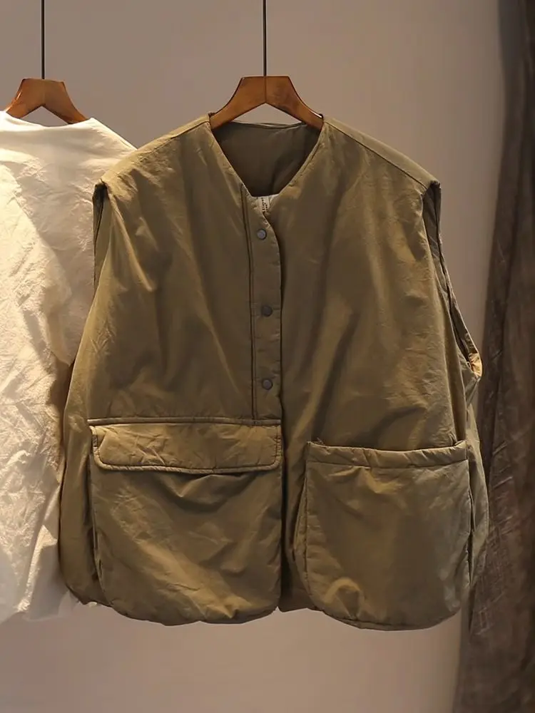 Warm Cotton Loose Casual Vest Solid Sleeveless for Women Black V Neck Crop Pocket Tanks Top Chalecos Roupas Femininas Coat