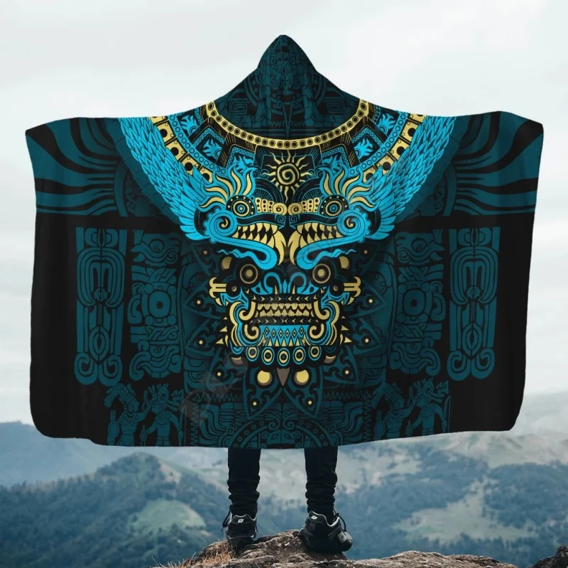 

Aztec Quetzalcoatl Skull 3d All Over printed Hooded Blanket Adult child Sherpa Fleece Wearable Blanket Microfiber Bedding