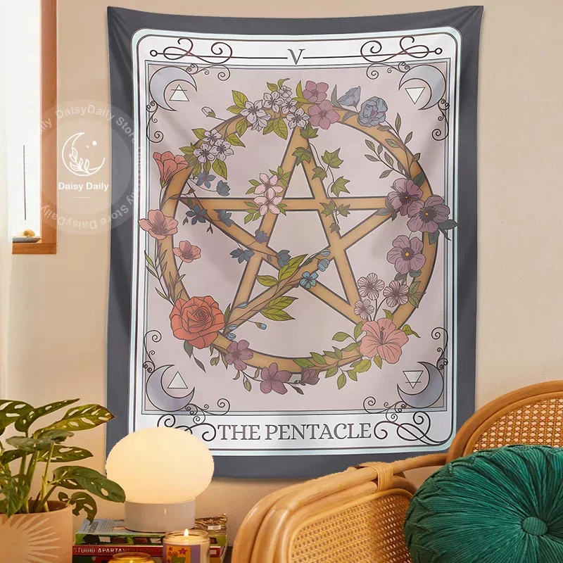 Pentagram Tarot na ścianę wiszące wiedźmy Forestcore botaniczny kwiat magiczny okultystyczny Symbol Boho salon akademik wystrój domu